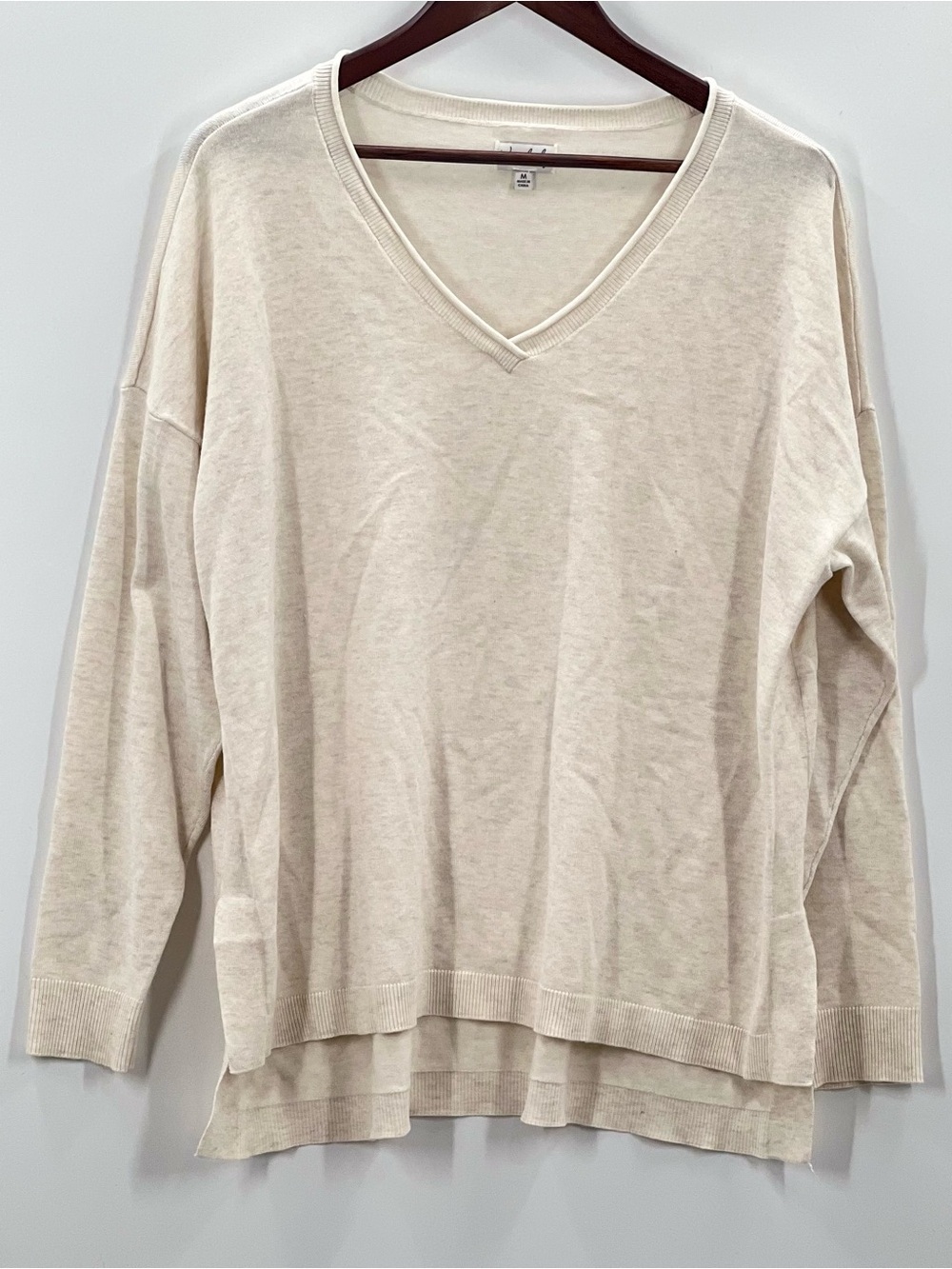 180 Wonderly V-Neck Lightweight Layered Hem Sweater - Cream